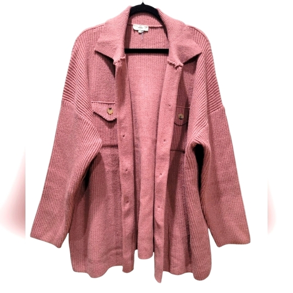 2X ENTRO Long Line Button Cardigan Pink Ribbed Slouchy Pockets NWOT - Picture 1 of 5
